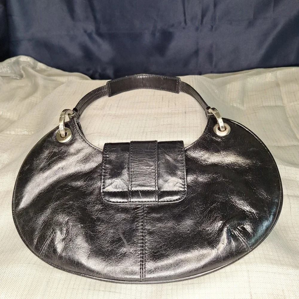 Kenneth Cole New York Black Leather Med Small Hobo Buckle Accent Handbag Purse